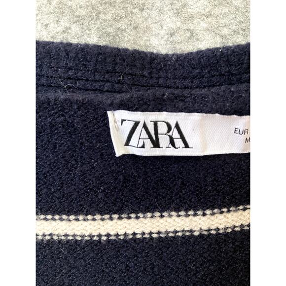 Zara Cardigan Crop Top Womens Small Striped Blue White Sweater Button Up - Picture 2 of 7